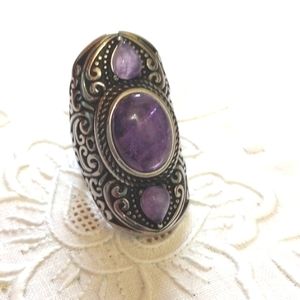 Long Triple Amethyst Ring in Black Oxidized Stainless Steel Size 8